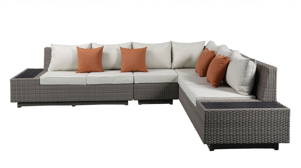 Beige Polyester Modular L Shaped Four Piece Standard With Console And Toss Pillows HomeRoots