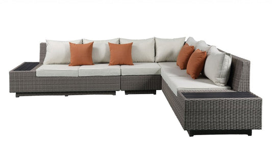 Beige Polyester Modular L Shaped Four Piece Standard With Console And Toss Pillows HomeRoots