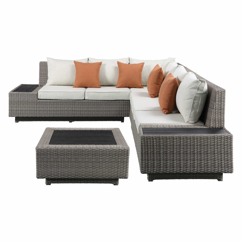 Beige Polyester Modular L Shaped Four Piece Standard With Console And Toss Pillows HomeRoots