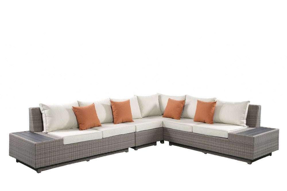 Beige Polyester Modular L Shaped Four Piece Standard With Console And Toss Pillows HomeRoots
