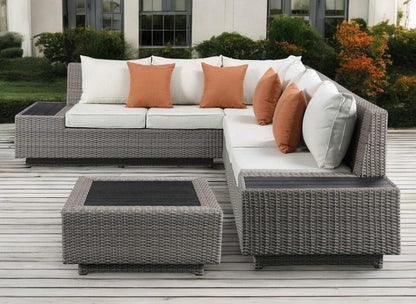 Beige Polyester Modular L Shaped Four Piece Standard With Console And Toss Pillows HomeRoots