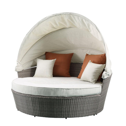 Set Of Two Beige Fabric And Gray Wicker Patio Canopy Daybed - FurniFindUSA