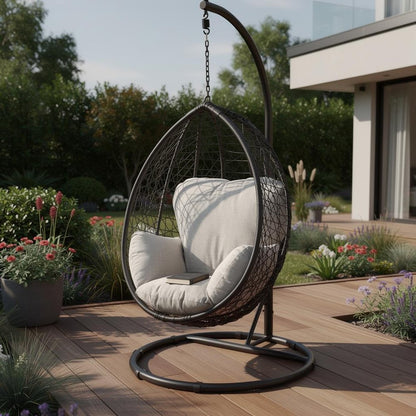 38" White Metal Swing Chair With Green Cushion HomeRoots