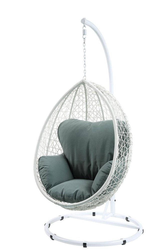38" White Metal Swing Chair With Green Cushion HomeRoots