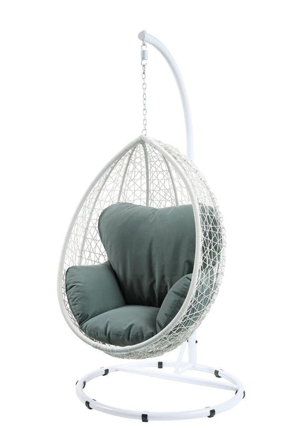 38" White Metal Swing Chair With Green Cushion HomeRoots