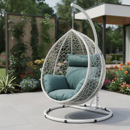 38" White Metal Swing Chair With Green Cushion HomeRoots