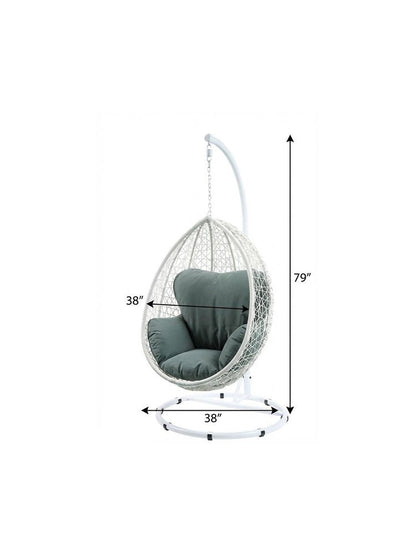 38" White Metal Swing Chair With Green Cushion HomeRoots
