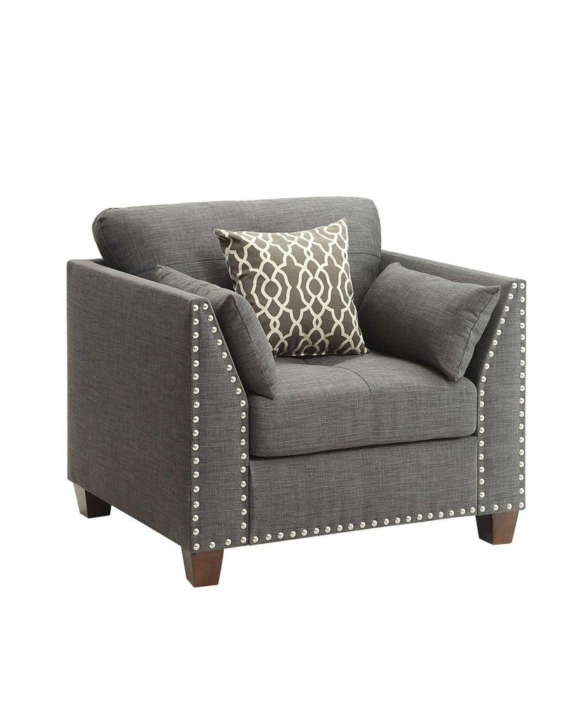 34" Charcoal and Brown Linen Arm Chair And Toss Pillows HomeRoots