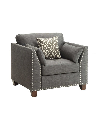 34" Charcoal and Brown Linen Arm Chair And Toss Pillows HomeRoots
