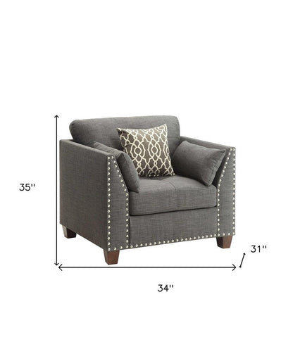 34" Charcoal and Brown Linen Arm Chair And Toss Pillows HomeRoots