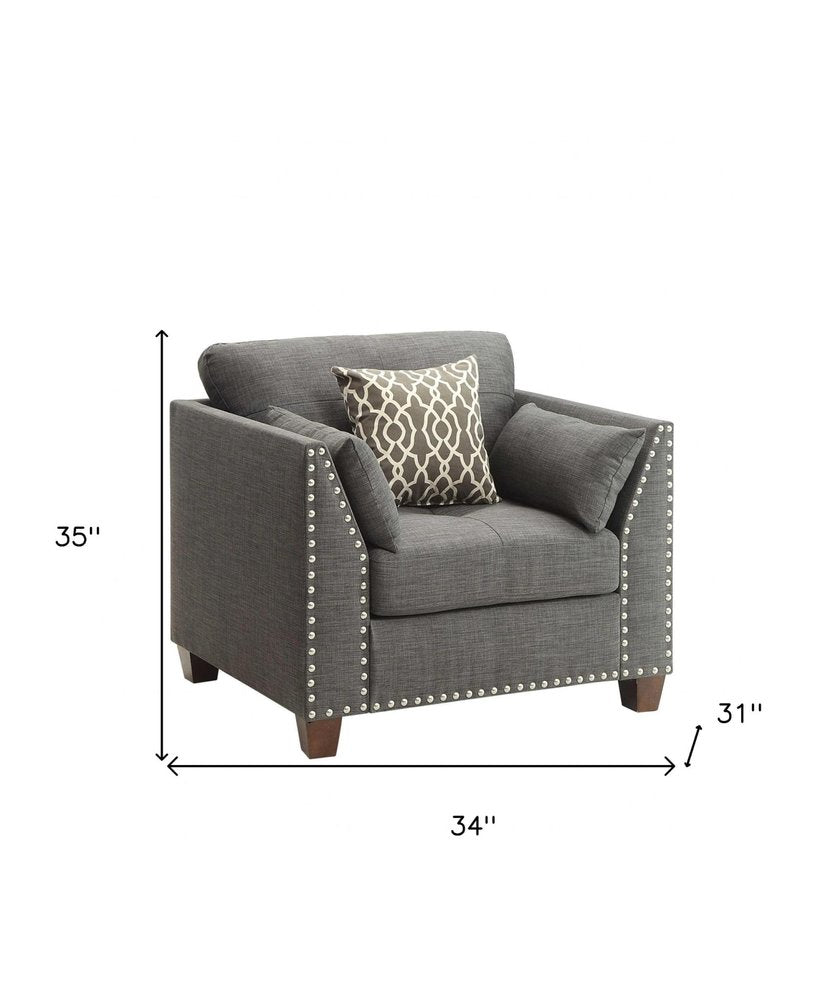 34" Charcoal and Brown Linen Arm Chair And Toss Pillows HomeRoots