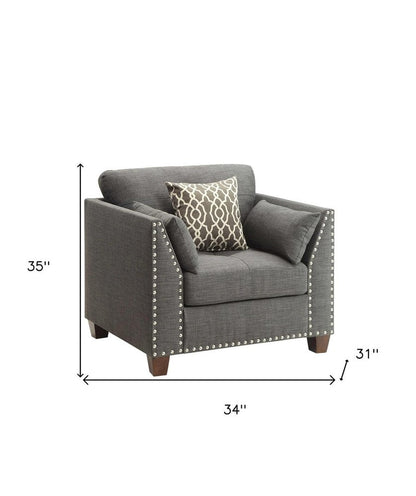 34" Charcoal and Brown Linen Arm Chair And Toss Pillows HomeRoots