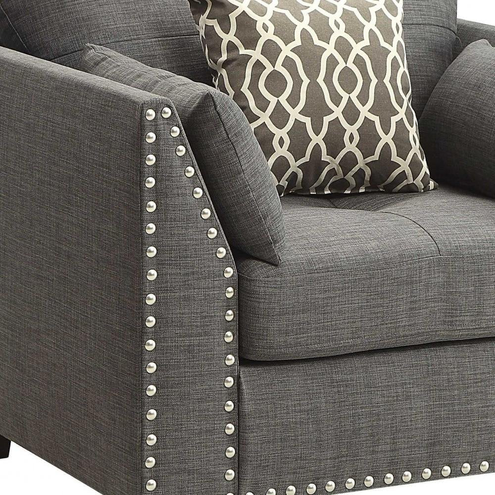 34" Charcoal and Brown Linen Arm Chair And Toss Pillows HomeRoots