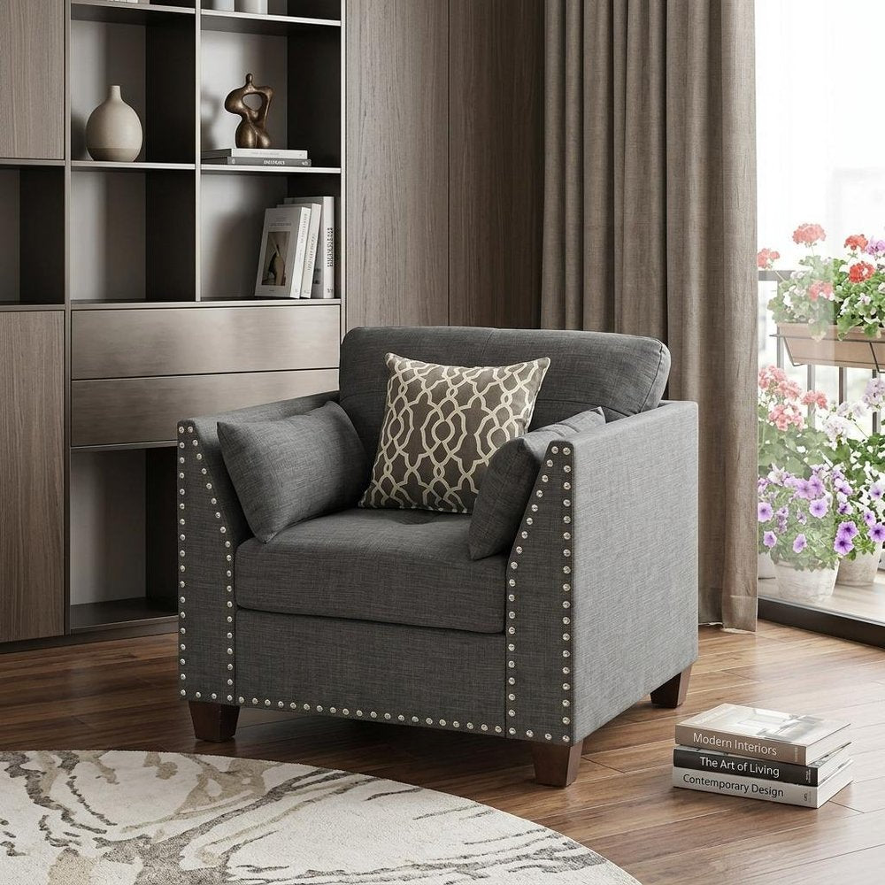34" Charcoal and Brown Linen Arm Chair And Toss Pillows HomeRoots