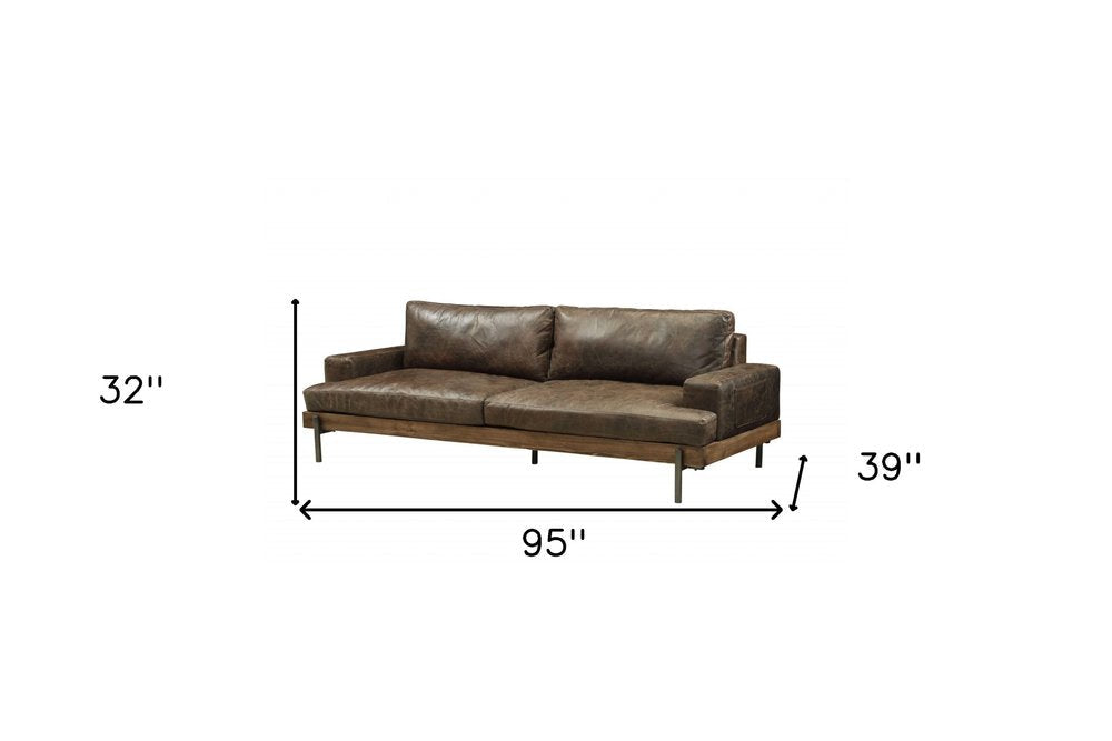 95" Chocolate Top Grain Leather Sofa With Black Legs HomeRoots