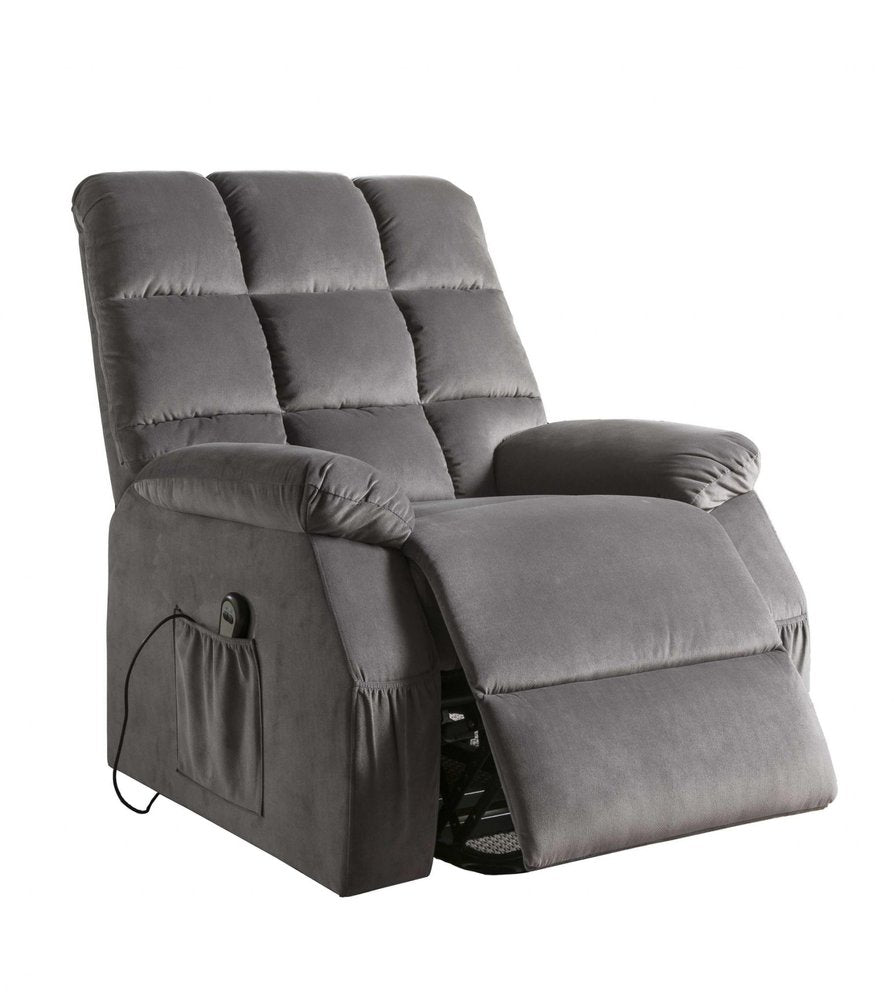 34" Gray Velvet Heated Massage Lift Assist Power Recliner HomeRoots
