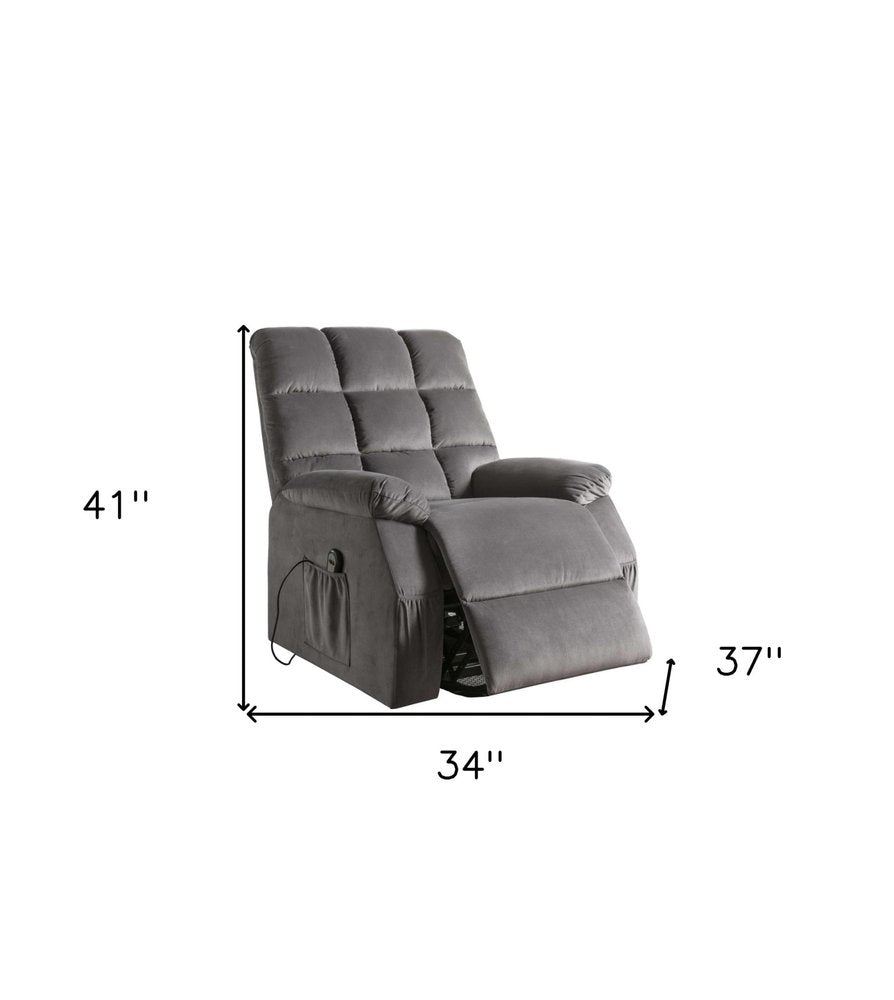 34" Gray Velvet Heated Massage Lift Assist Power Recliner HomeRoots