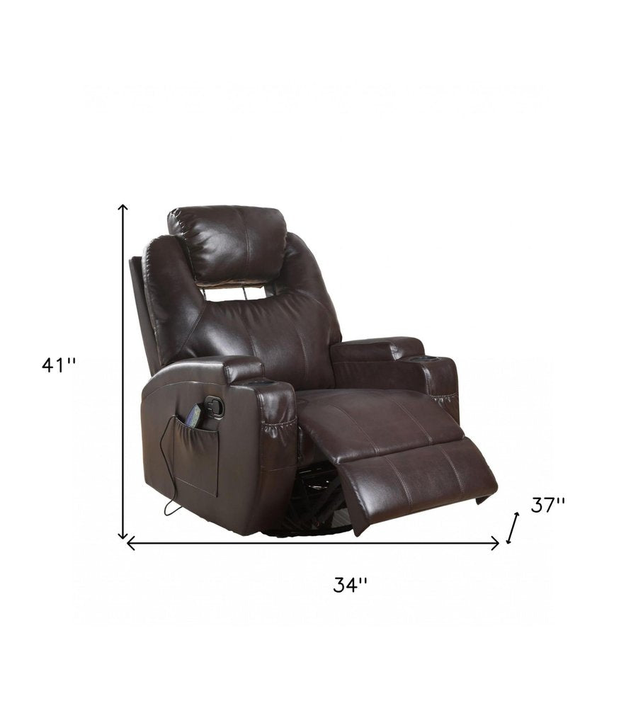 34" Brown Faux Leather Heated Massage Home Theater Recliner HomeRoots