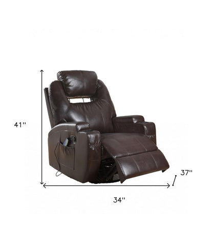 34" Brown Faux Leather Heated Massage Home Theater Recliner HomeRoots