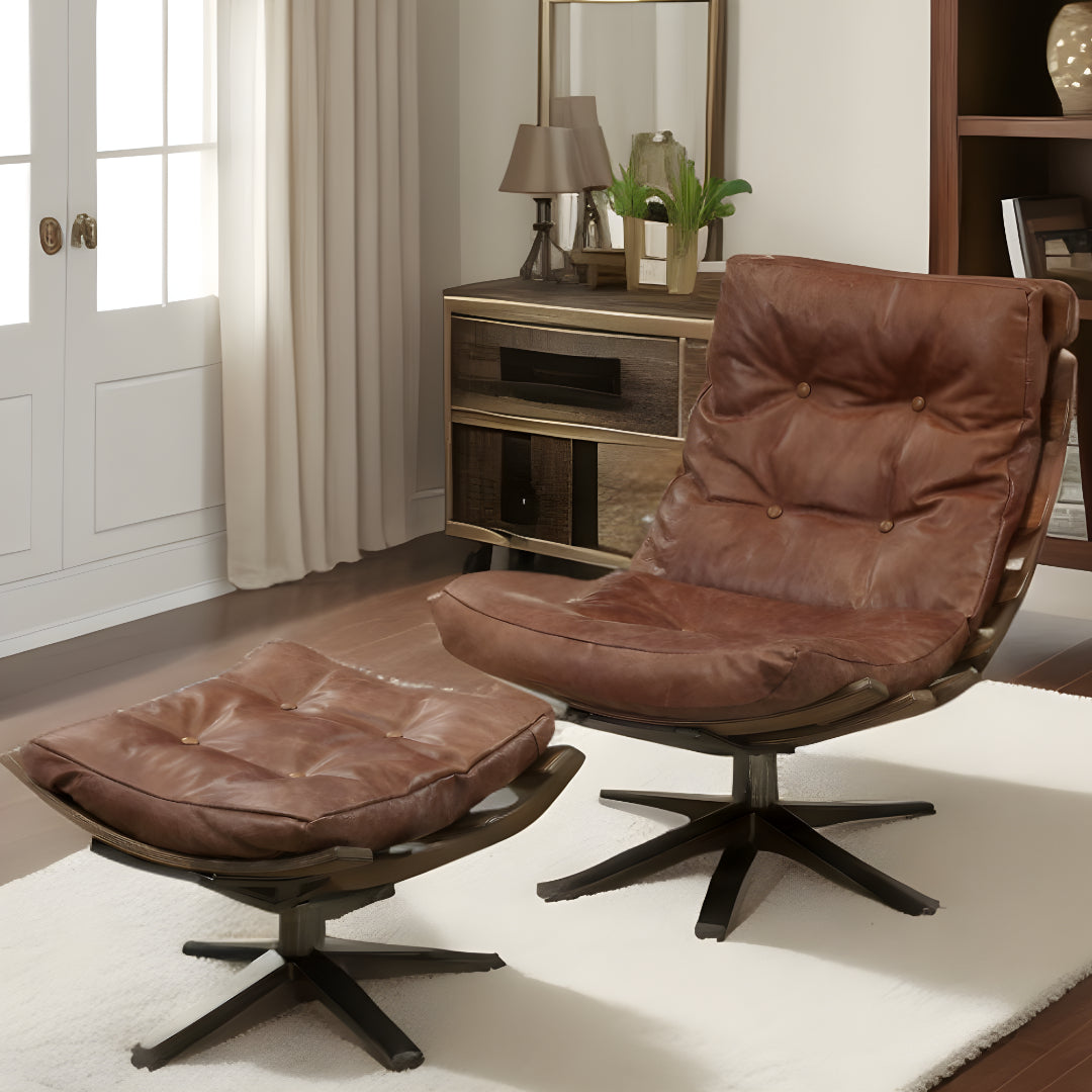 27" Brown And Black Top Grain Leather Tufted Swivel Lounge Chair With Ottoman