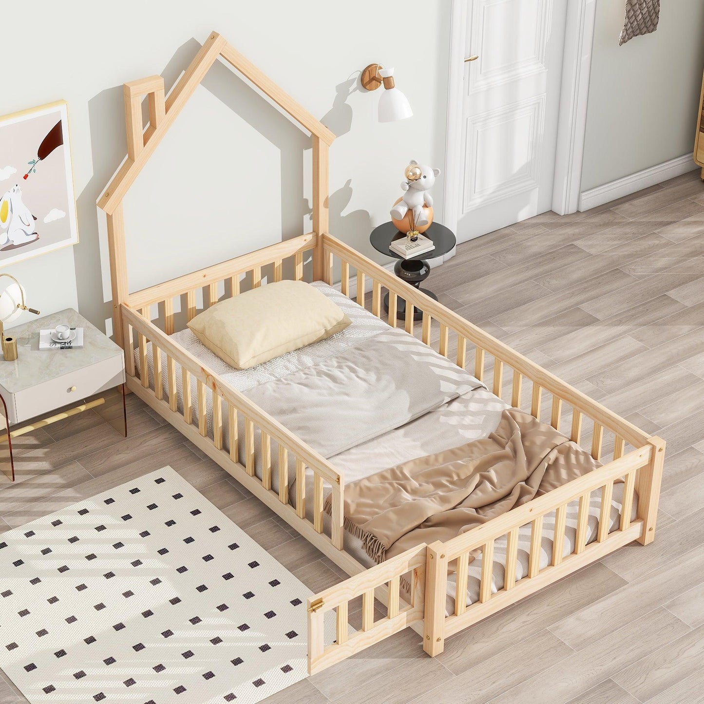 Twin House-Shaped Headboard Floor Bed with Fence Natural - FurniFindUSA