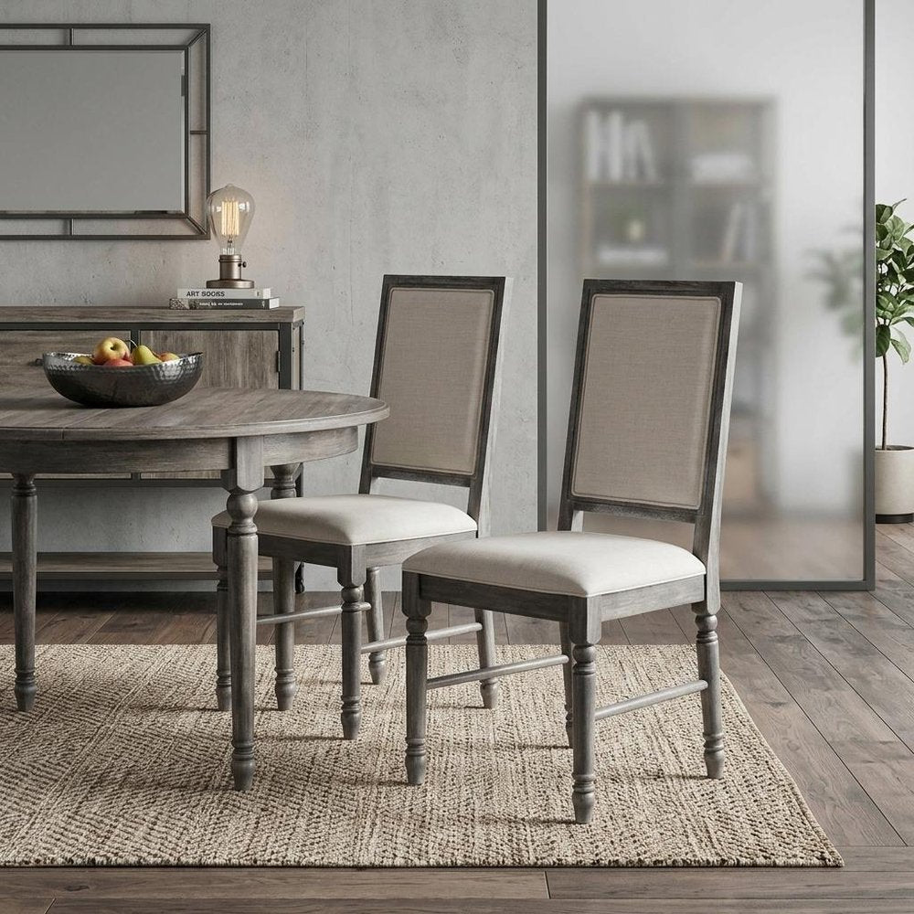 Set of Two Cream and Gray Upholstered Linen Dining Side Chairs HomeRoots