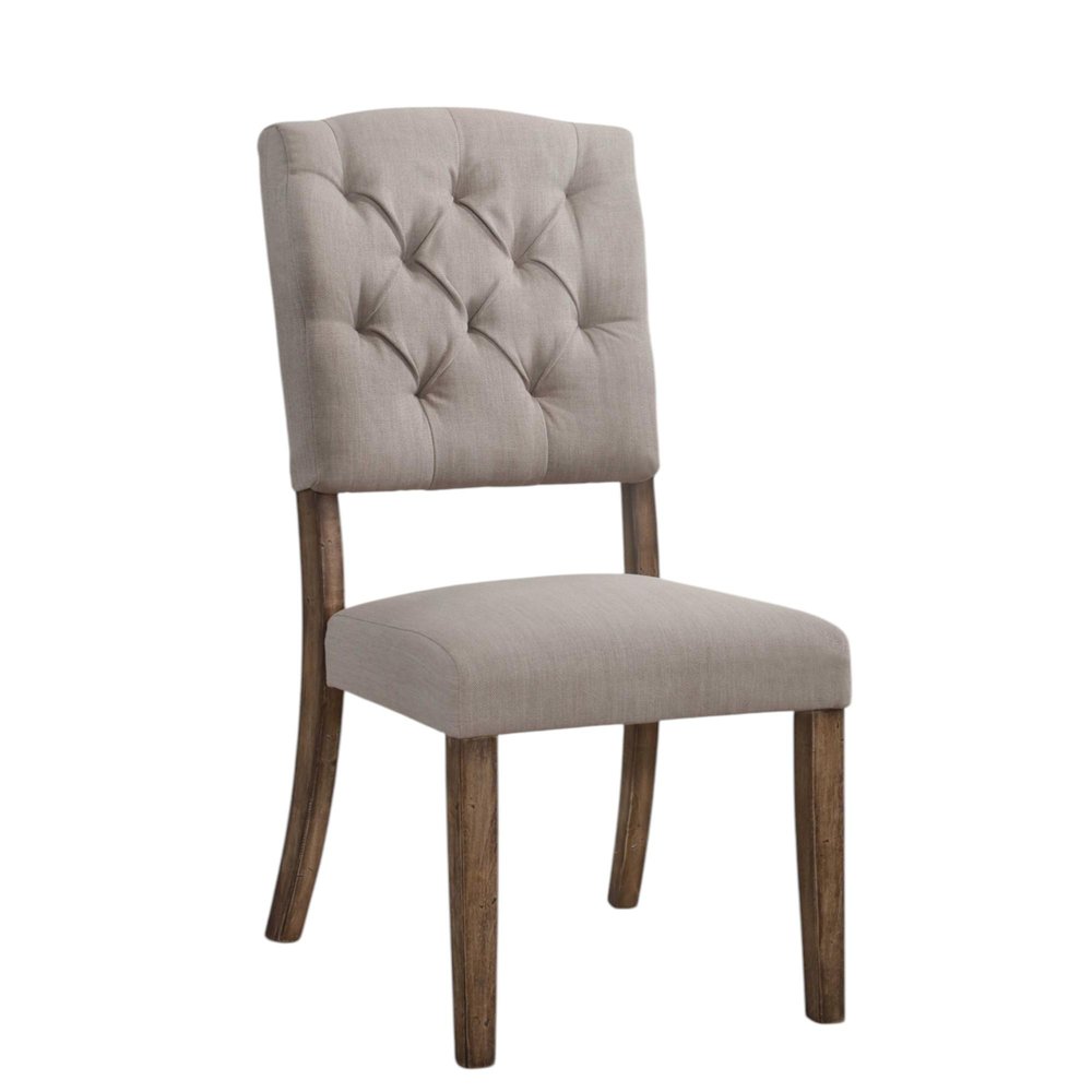 Set of Two Tufted Cream and Brown Upholstered Linen Open Back Dining Side Chairs HomeRoots