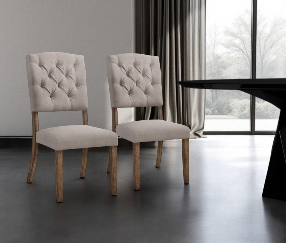 Set of Two Tufted Cream and Brown Upholstered Linen Open Back Dining Side Chairs HomeRoots