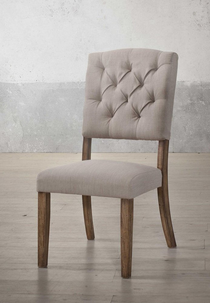 Set of Two Tufted Cream and Brown Upholstered Linen Open Back Dining Side Chairs HomeRoots