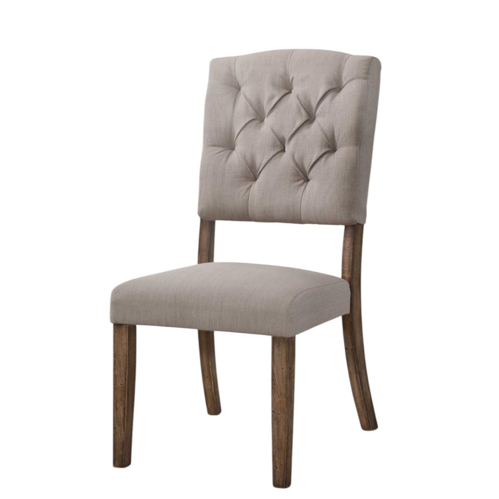 Set of Two Tufted Cream and Brown Upholstered Linen Open Back Dining Side Chairs HomeRoots