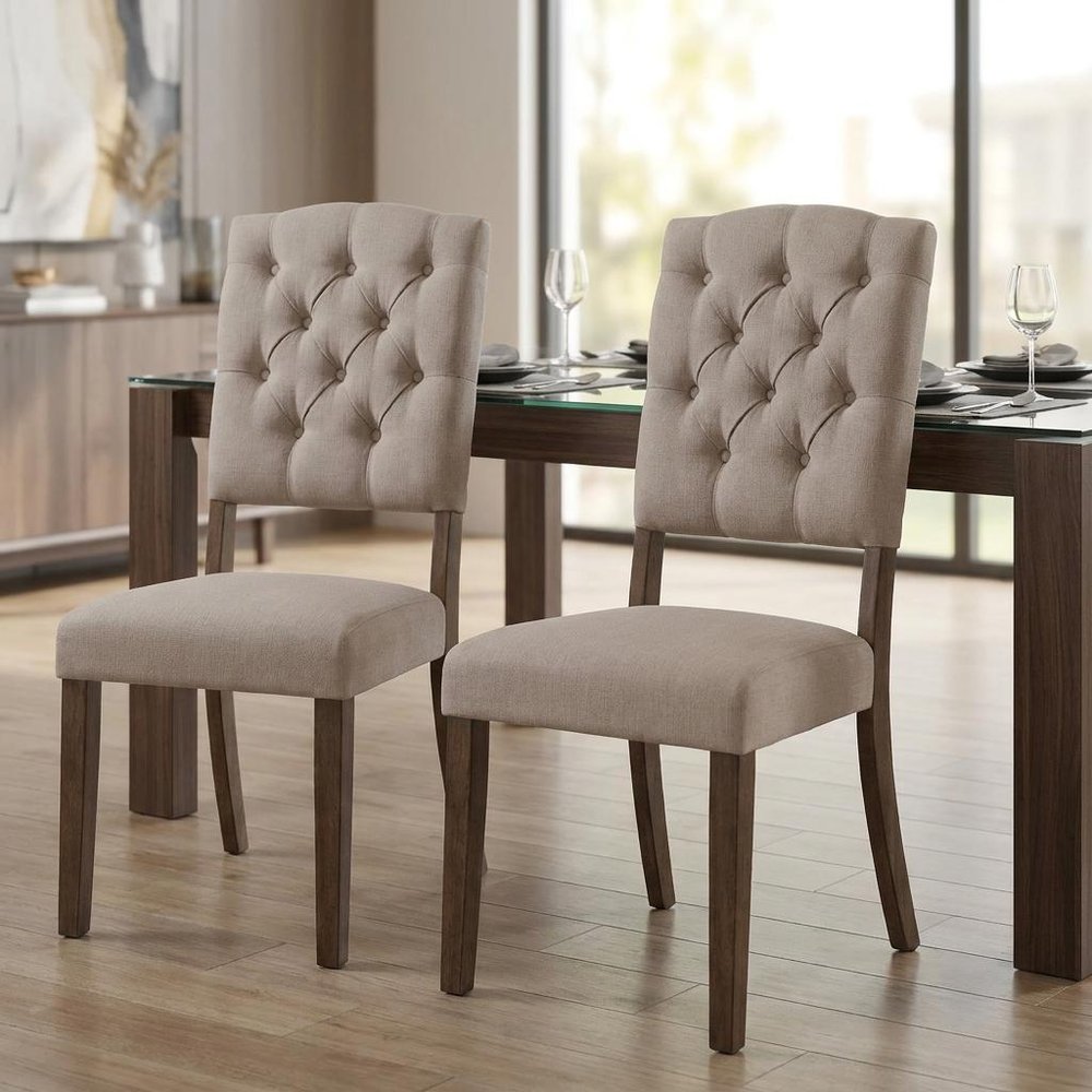 Set of Two Tufted Cream and Brown Upholstered Linen Open Back Dining Side Chairs HomeRoots