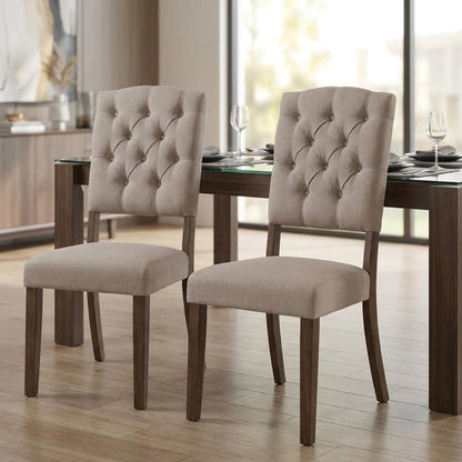 Set of Two Tufted Cream and Brown Upholstered Linen Open Back Dining Side Chairs HomeRoots
