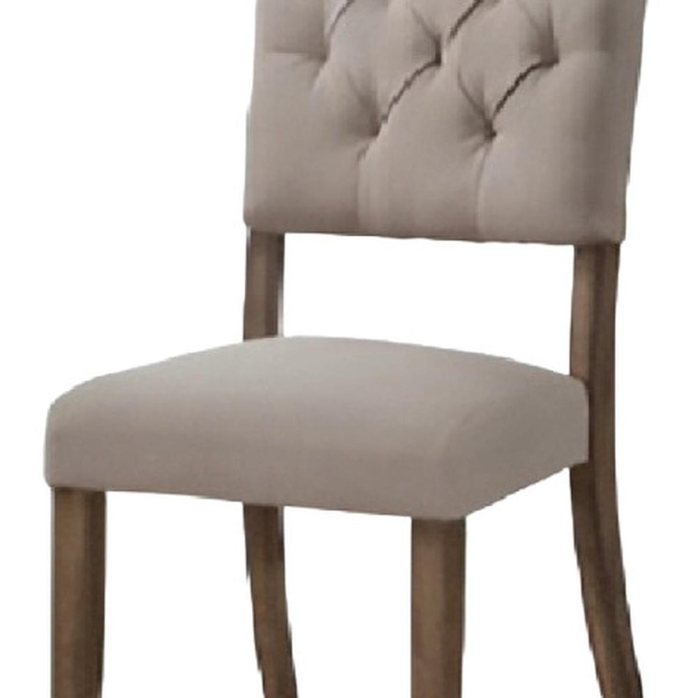 Set of Two Tufted Cream and Brown Upholstered Linen Open Back Dining Side Chairs HomeRoots