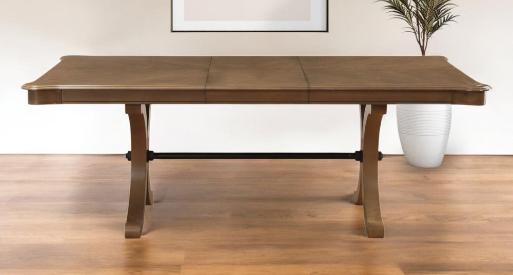 64" Brown Solid Wood Removable Leaf Trestle Base Dining Table HomeRoots