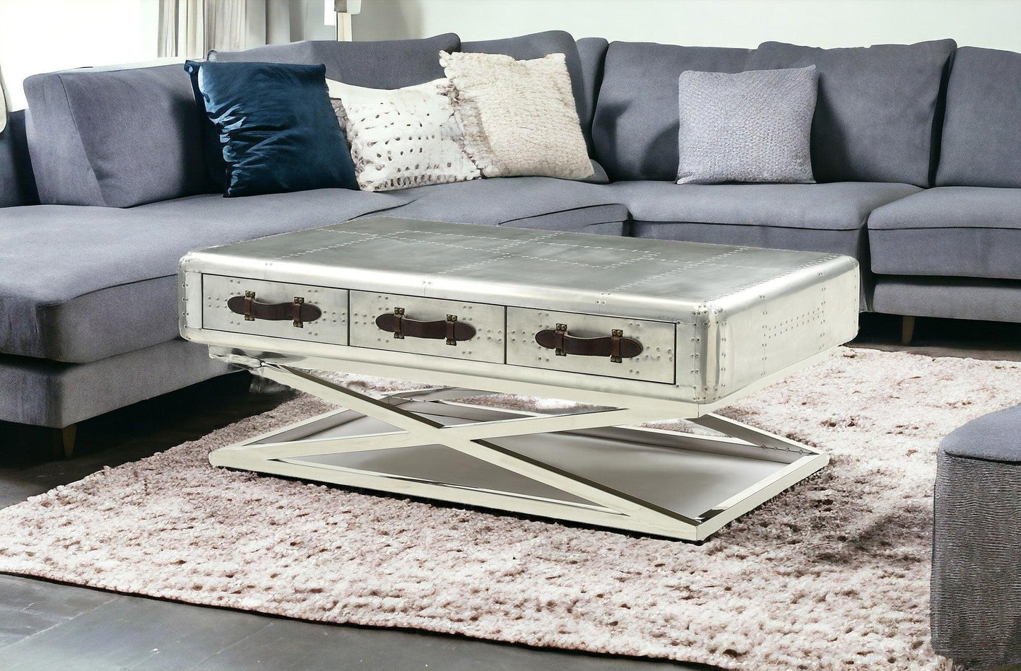 51" Silver Aluminum Coffee Table With Three Drawers - FurniFindUSA