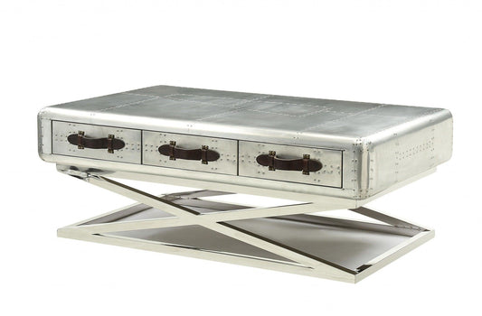 51" Silver Aluminum Coffee Table With Three Drawers - FurniFindUSA