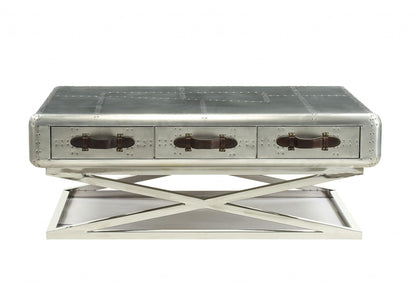 51" Silver Aluminum Coffee Table With Three Drawers - FurniFindUSA