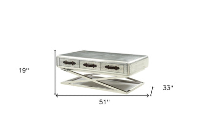 51" Silver Aluminum Coffee Table With Three Drawers - FurniFindUSA