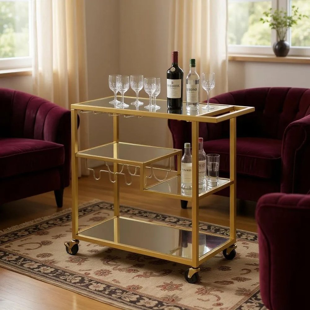 40" Clear and Gold Glass and Iron Rolling Prep Table HomeRoots