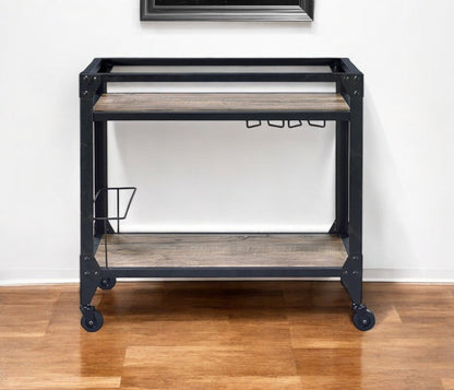 Black and Natural 32" Rolling Prep Table With Storage HomeRoots