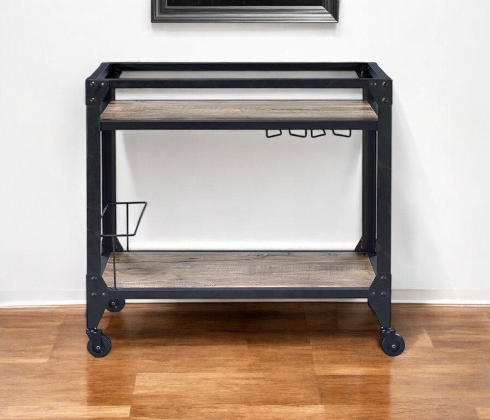Black and Natural 32" Rolling Prep Table With Storage HomeRoots