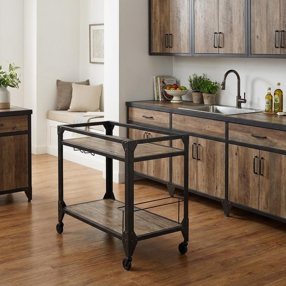 Black and Natural 32" Rolling Prep Table With Storage HomeRoots