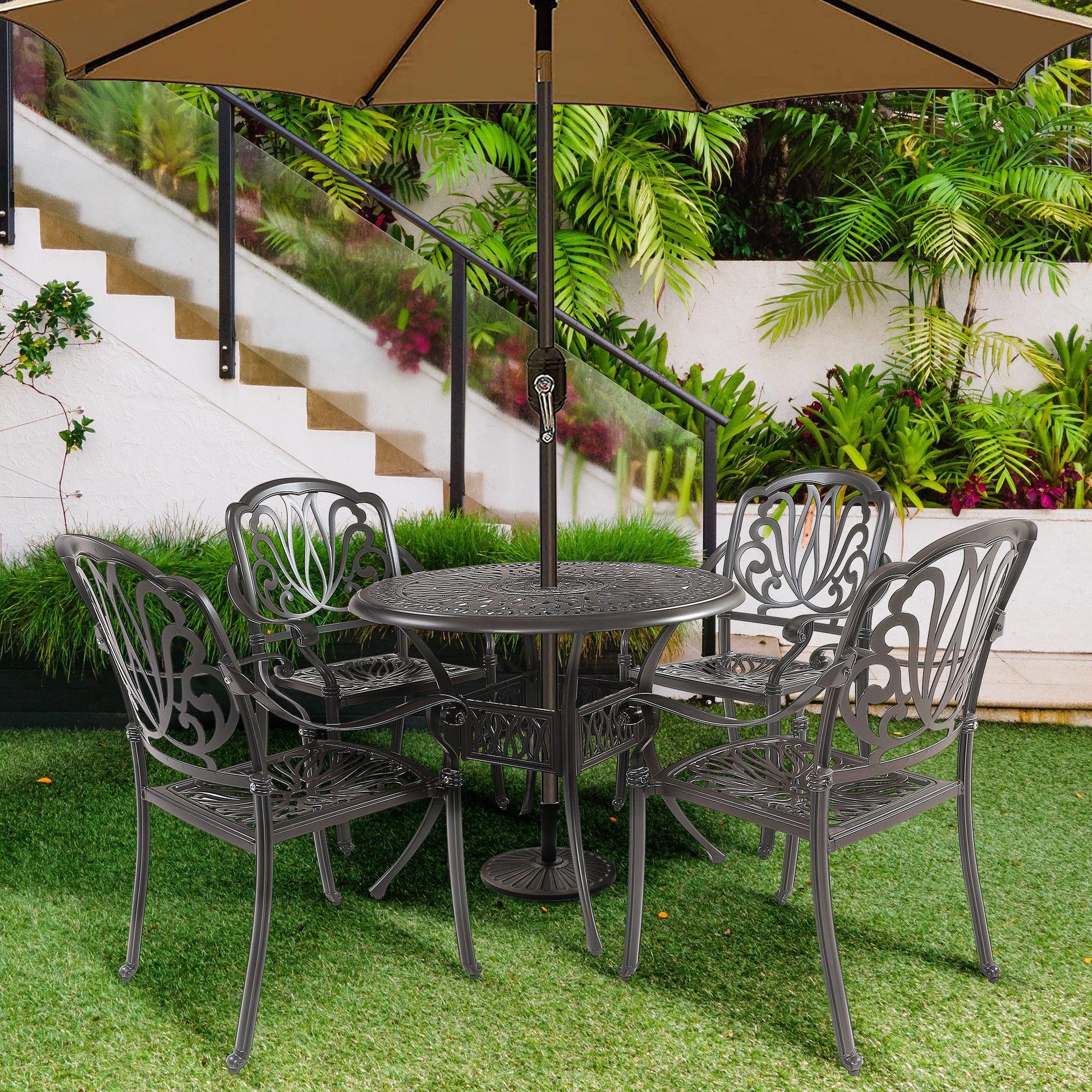 5PCS Outdoor Furniture Dining Table Set Patio Furniture Includes 1 Round Table and 4 Chairs with Umbrella Hole - FurniFindUSA