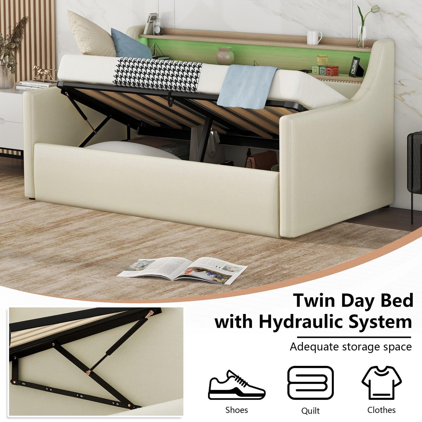 Twin Size Daybed with Hydraulic Storage Upholstered Daybed with Lift Up Storage Beige - FurniFindUSA