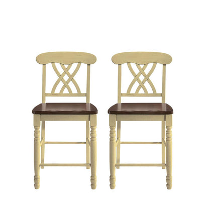 Set of Two Brown And Beige Solid Wood Counter Height Bar Chairs - FurniFindUSA