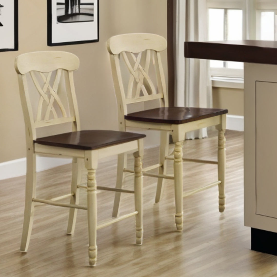 Set of Two Brown And Beige Solid Wood Counter Height Bar Chairs - FurniFindUSA