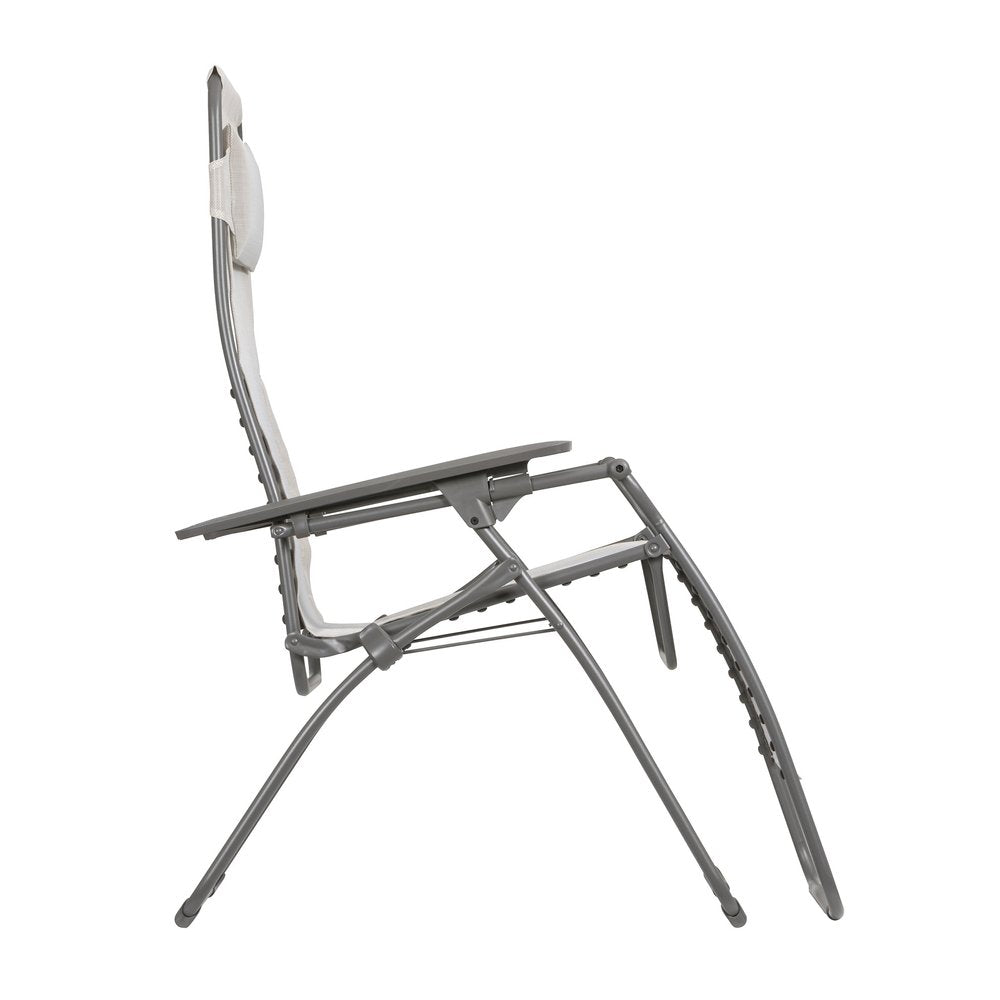 30" Light Gray and Chrome Steel Outdoor Zero Gravity Chair with Light Gray Cushion HomeRoots