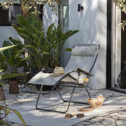 30" Light Gray and Chrome Steel Outdoor Zero Gravity Chair with Light Gray Cushion HomeRoots