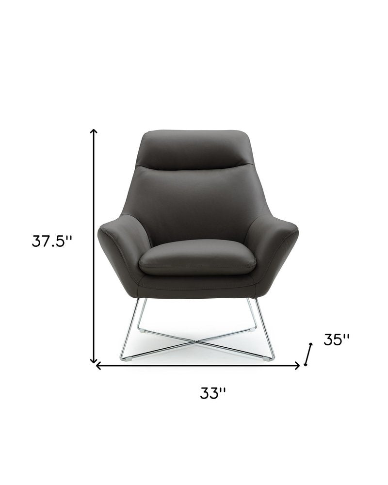 33" Gray and Silver Italian Leather Tufted Arm Chair HomeRoots