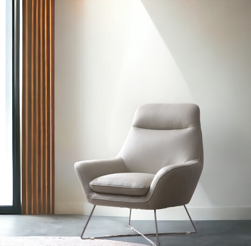 33" Light Gray and Silver Italian Leather Tufted Arm Chair HomeRoots